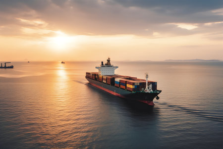 Container Cargo freight ship with working crane bridge at sunset for Logistic Import Export backgroundの素材