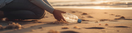 Young woman collecting garbage on the beach at sunset. Selective focus. nature.の素材