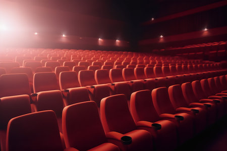 Empty cinema auditorium with red seats and spotlights. 3D Renderingの素材
