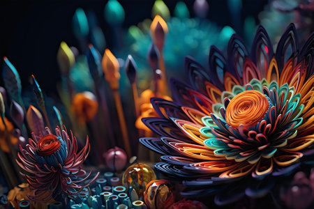Colorful fantasy flowers on a black background. 3D illustration.の素材