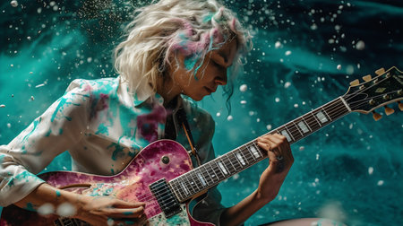 young woman playing the electric guitar on a dark background with water dropsの素材