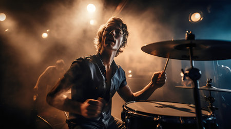 musician playing drums on stage with smoke and lights, music conceptの素材