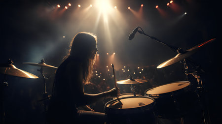 Young female drummer playing drums on stage with smoke and lights on backgroundの素材