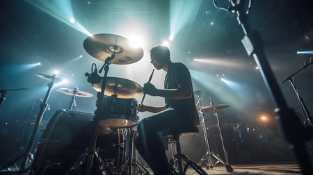 Drummer playing on the drum set on the stage during the concertの素材