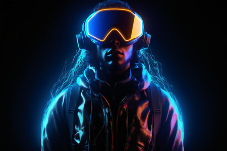 Futuristic portrait of a man wearing virtual reality goggles. mixed-mediaの素材