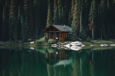 Wooden house on a lake in the middle of a forest.の写真素材