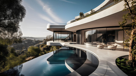 Luxury house with swimming pool, view from the terraceの写真素材