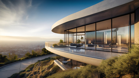 3d rendering of a modern house with a view of the cityの写真素材