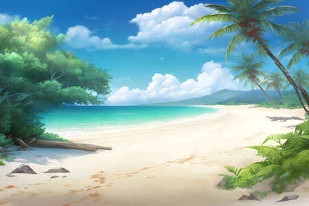 Tropical beach with palm trees and blue sky. Vector illustration.の素材