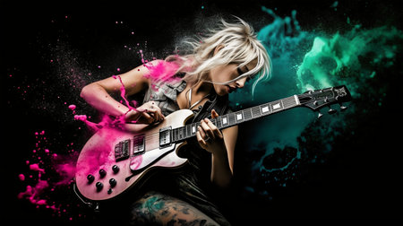 Young woman playing on electric guitar on black background with colorful splashesの素材