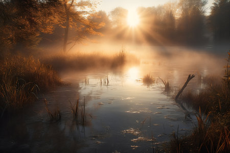Foggy morning on the river. The sun's rays are reflected in the water.の素材