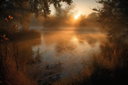 Foggy river in the forest at dawn. Beautiful scenery.の素材