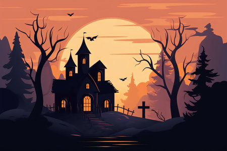 Halloween background with haunted house, graveyard and trees. Vector illustrationの素材