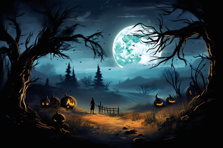 Halloween background with witch in the forest at night. Halloween illustrationの素材