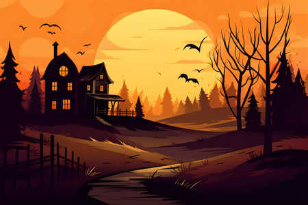 Halloween background with old house in the forest. Vector illustration.の素材