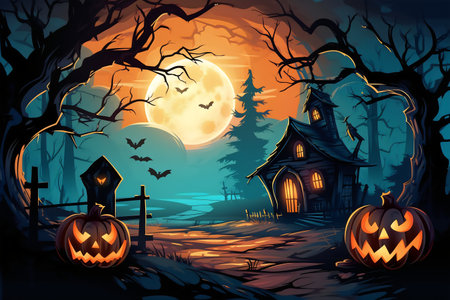 Halloween night background with haunted house, pumpkins and bats. Vector illustrationの素材