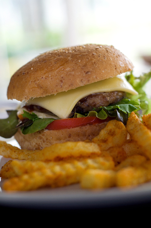 Close up burger and fries with ketchupの写真素材