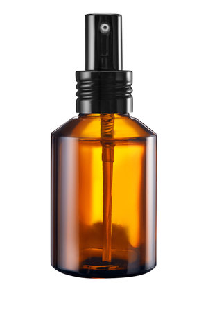 Medicine,cosmetic.perfume. Spray brown glass bottle  isolated on white backgroundの写真素材