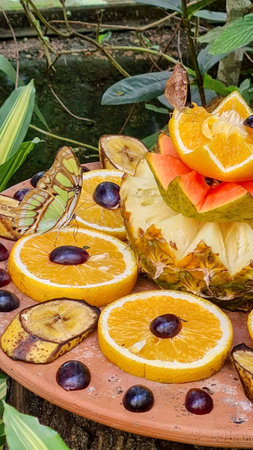 Fruit tray with fresh fruits and butterfly in a tropical garden.の写真素材