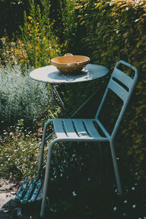 Iron chair and table in sunny garden