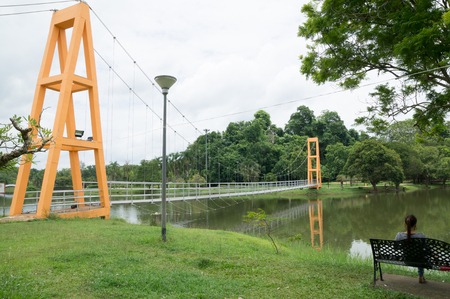 Suspension bridge across stream in a public parkの写真素材