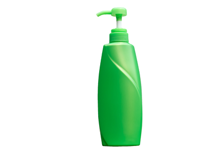 Green bottle of shampoo on white background with clipping path, isolated pictureの写真素材