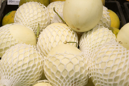 Cantaloupes in a pile wraped by plastic net on sale in supermarket, delicious healthy cantaloupesの写真素材