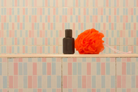 pink bathroom background with accessories are prepared for taking a bath.の写真素材