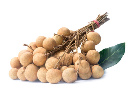 Bunch of fresh ripe longans in stack with leaf is isolated on white background. Thai or Asia fruits