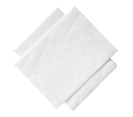 Top view of two folded pieces of white tissue paper or napkin in stack is isolated on white background with clipping path.の写真素材