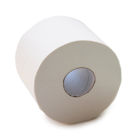 Single roll of white tissue paper or napkin prepared for use in toilet or restroom is isolated on white background with clipping path.の写真素材