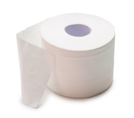 Single roll of white tissue paper or napkin prepared for use in toilet or restroom is isolated on white background with clipping path.の写真素材