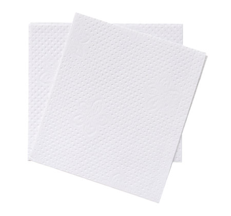 Top view of two folded pieces of white tissue paper or napkin in stack is isolated on white background with clipping path.の写真素材