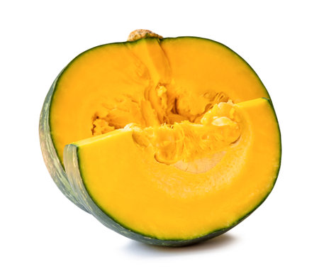 Fresh kabocha or green japanese pumpkin with slice is isolated on white background with clipping path.の写真素材