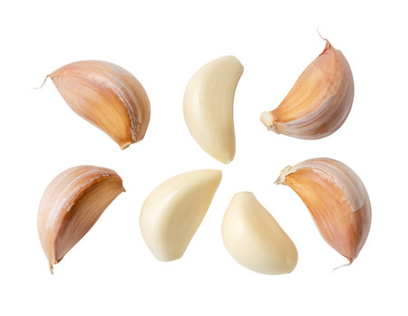 Top view of fresh garlic clove set in separation is isolated on white background with clipping path. helpful garlic cloves collectionの写真素材