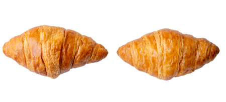 Top view of two croissants is isolated on white background with clipping path.の写真素材