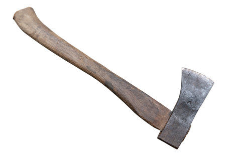 Old rust dirty dark gray axe with brown wooden handle is isolated on white background with clipping path.の写真素材
