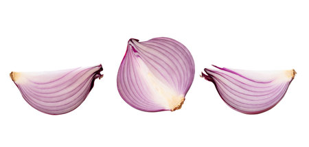 Set of fresh red onion half with slices is isolated on white background with clipping path.の写真素材