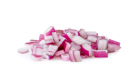 Red onion chopped in stack is isolated on white background with clipping path.の写真素材