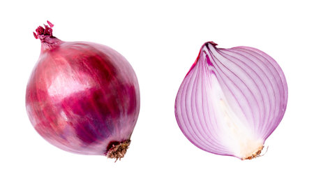 Top view of fresh red or purple onion bulb and half in set is isolated on white background with clipping path.の写真素材