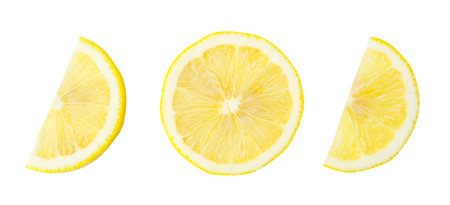 Top view of yellow lemon half and slices in set is isolated on white background with clipping path.の写真素材