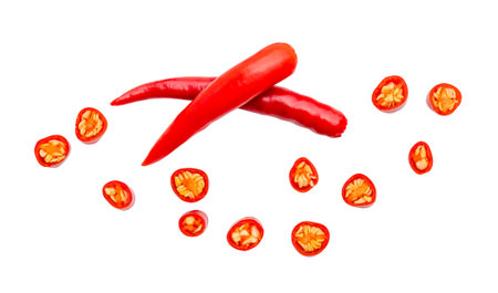 Top view set of red chili pepper or cayenne pepper with slices or pieces is isolated on white...