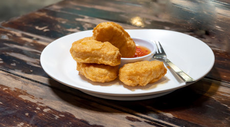 Front view of chicken nuggets with chili sauce is in white plate on brown wooden table.