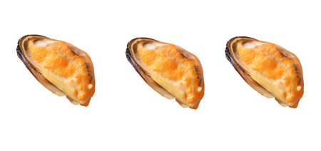 Top view set of steamed or cooked delicious green mussel meat is isolated on white background with...