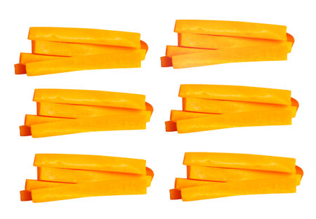 Top view set of orange carrots in stick shape in stack is isolated on white background with clipping...
