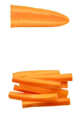Top view set of orange carrot slice or piece in stick shape in stack is isolated on white background with clipping path.の写真素材