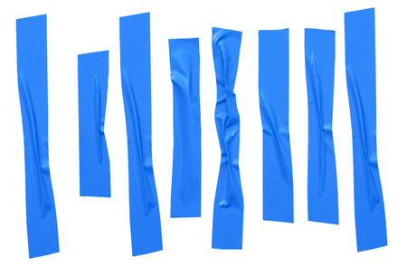 Top view set of wrinkled or crumpled blue adhesive vinyl tape or cloth tape in stripe shape is...