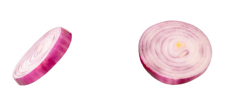 Spanish onion or red onion slices in set scattering is isolated on white background with clipping path.の写真素材