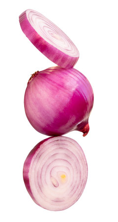Single fresh peeled red or purple Spanish onion bulb with two onion slices in circles in stack is isolated on white background with clipping path.の写真素材