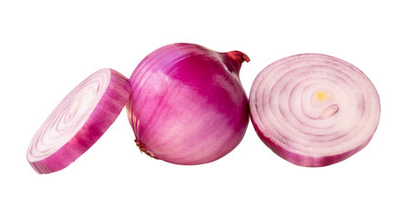 Single fresh peeled red or purple Spanish onion bulb with two onion slices in circles in stack is isolated on white background with clipping path.の写真素材